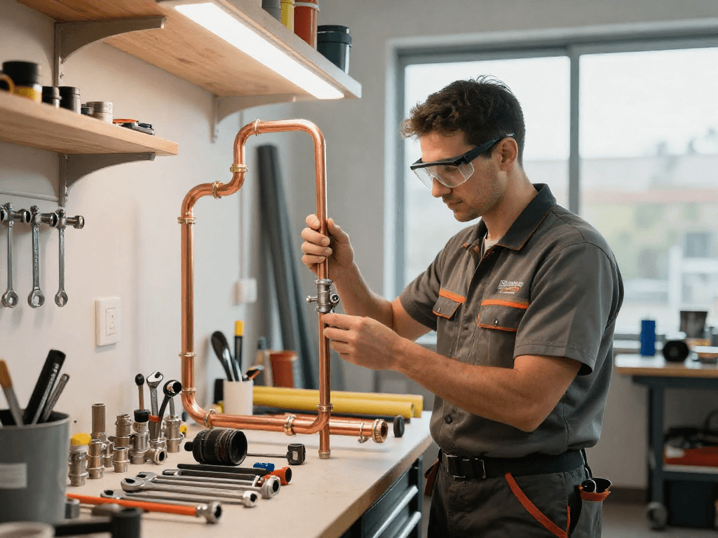Chiusura di un chiave idraulico professionale durante l'installazione in un'officina attrezzata con strumenti di tubatura.