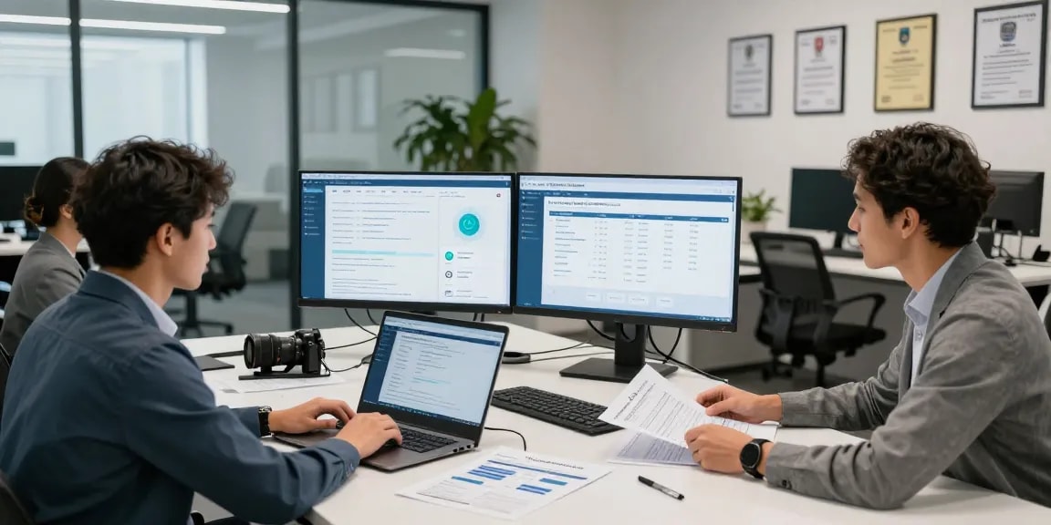 Cyber Essentials Plus certification team collaborating in a modern office, analyzing security compliance data and technical controls.