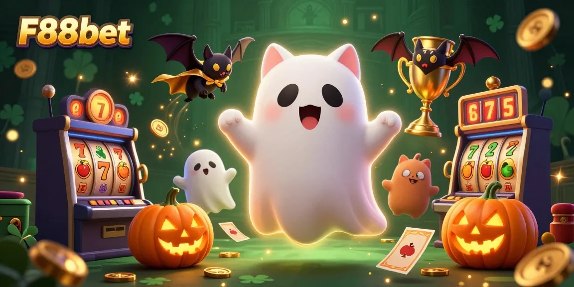 Experience the thrilling F88bet gaming action with a friendly ghost cat and vampire bat in a haunted casino scene.