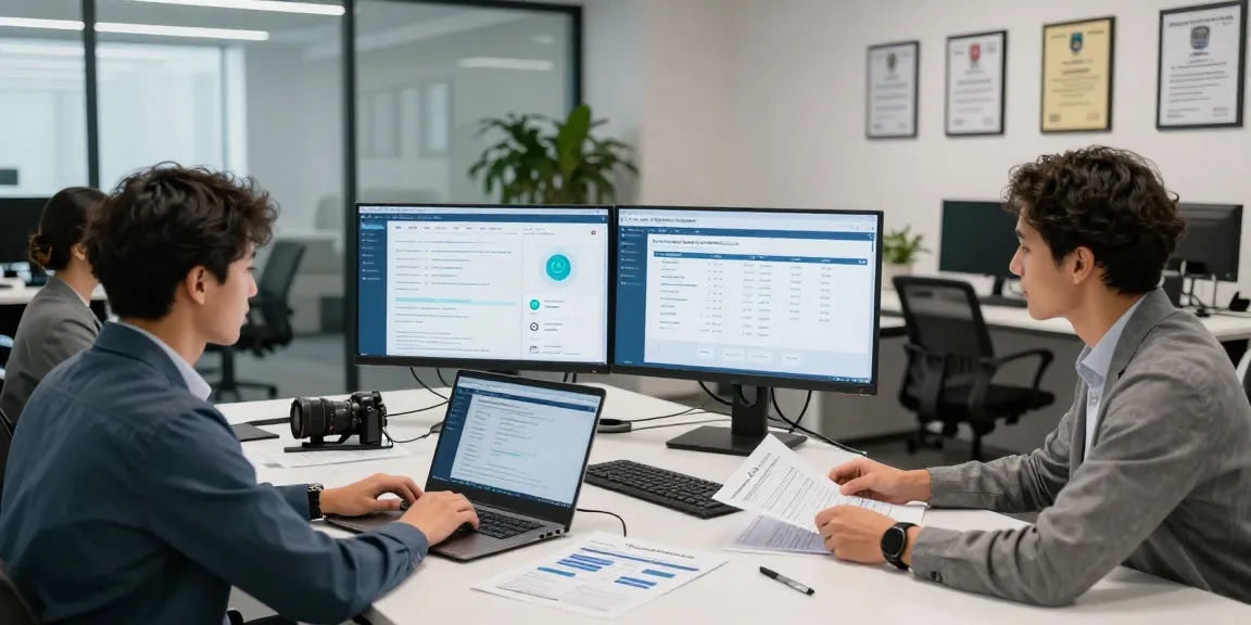 Cyber Essentials Plus certification team collaborating in a modern office, analyzing security compliance data and technical controls.
