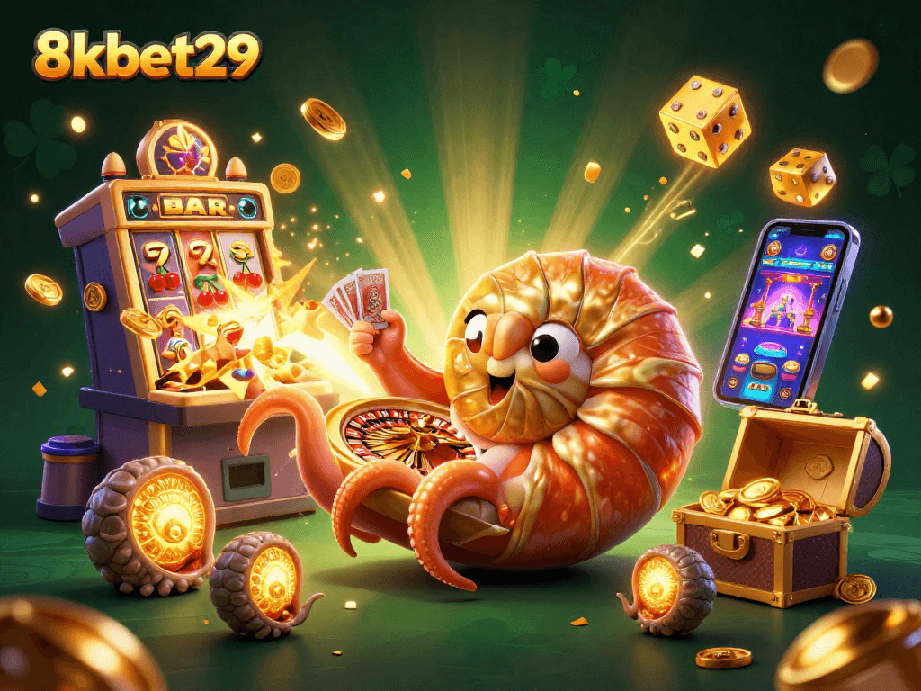 Experience the vibrant thrill of gaming at 8kbet29 with a captivating 3D casino illustration.