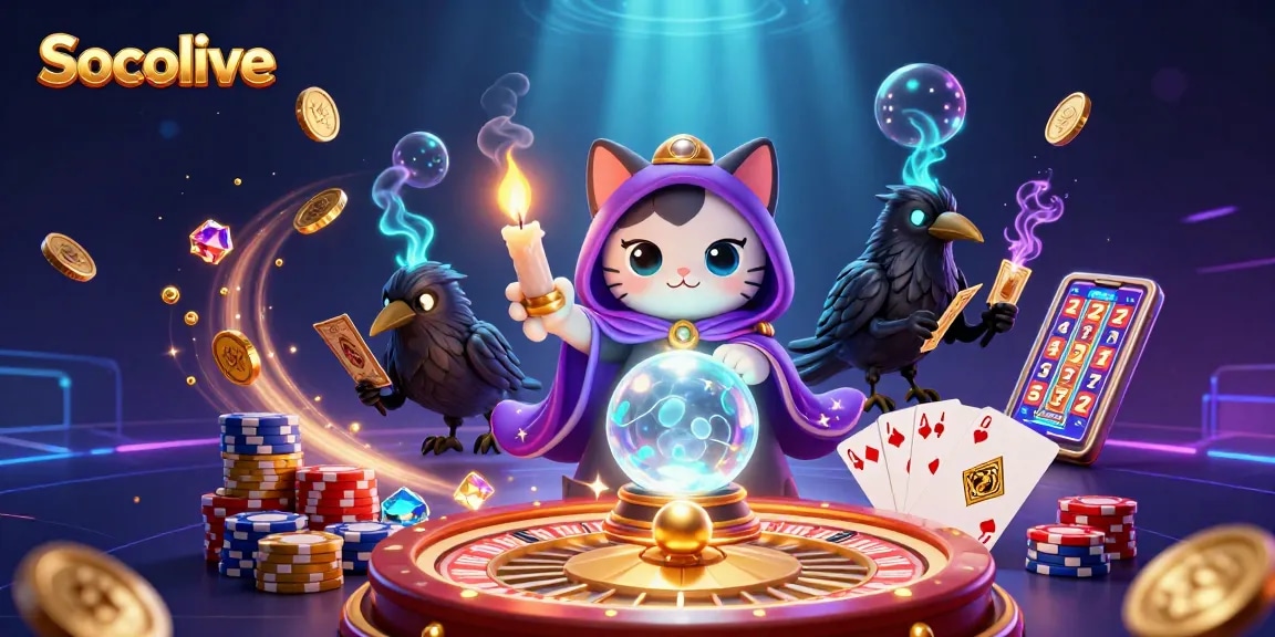 Socolive showcases a vibrant 3D illustration of a mystic cat fortune teller and dynamic gaming elements.