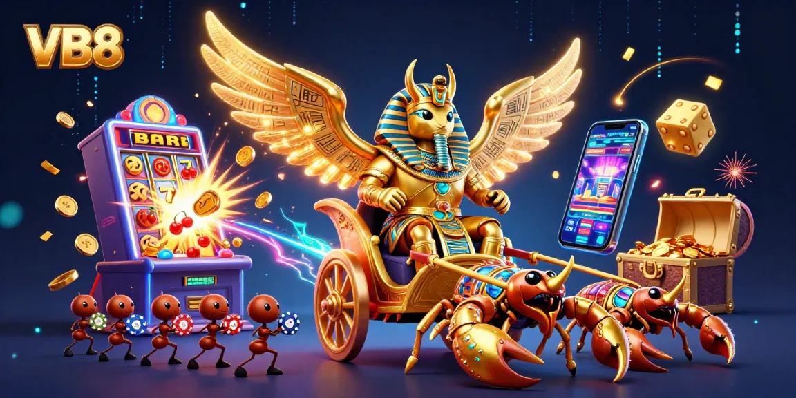 Engage with VB8's vibrant casino scene featuring a golden scarab, scorpions, and jackpot elements.