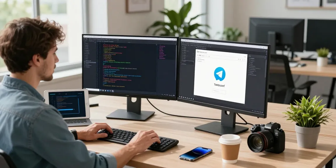 Download Telegram on dual monitors in a modern tech workspace