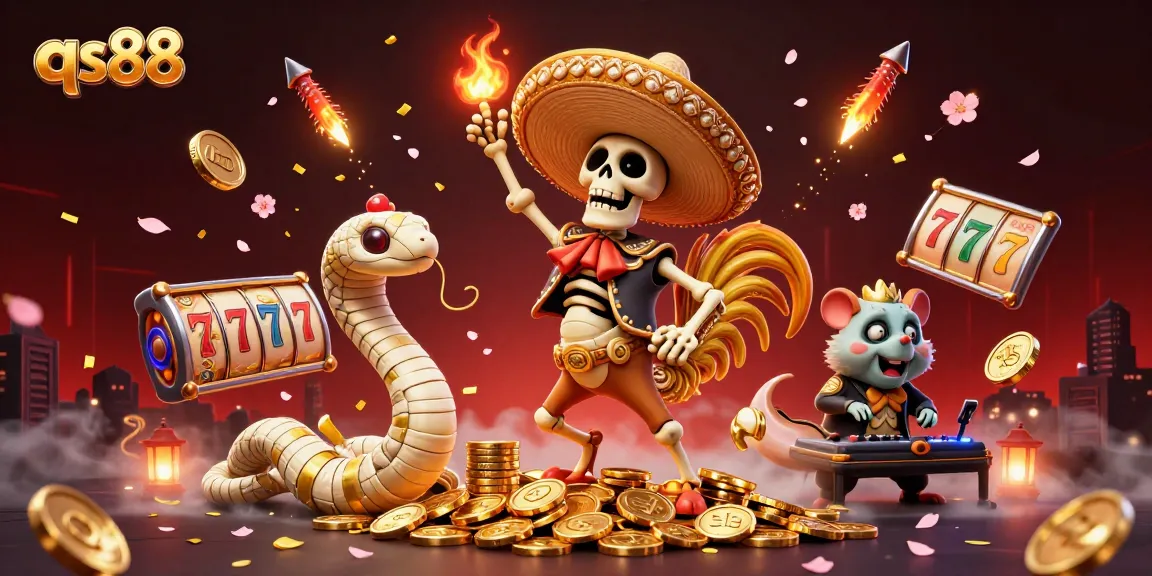 qs88 offers thrilling gaming action with a lively fiesta scene featuring a dancing mariachi rooster among golden treasures and slot elements.
