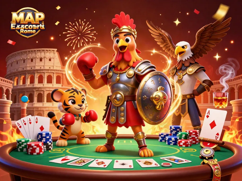 Engage with MAP Escort Rome in a vibrant casino scene full of poker excitement and classic Roman elements.
