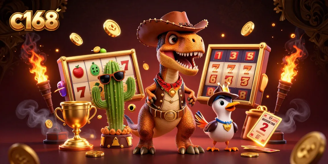 "Experience thrilling jackpots with c168: A vibrant, dynamic casino adventure scene featuring a T-Rex and friends."