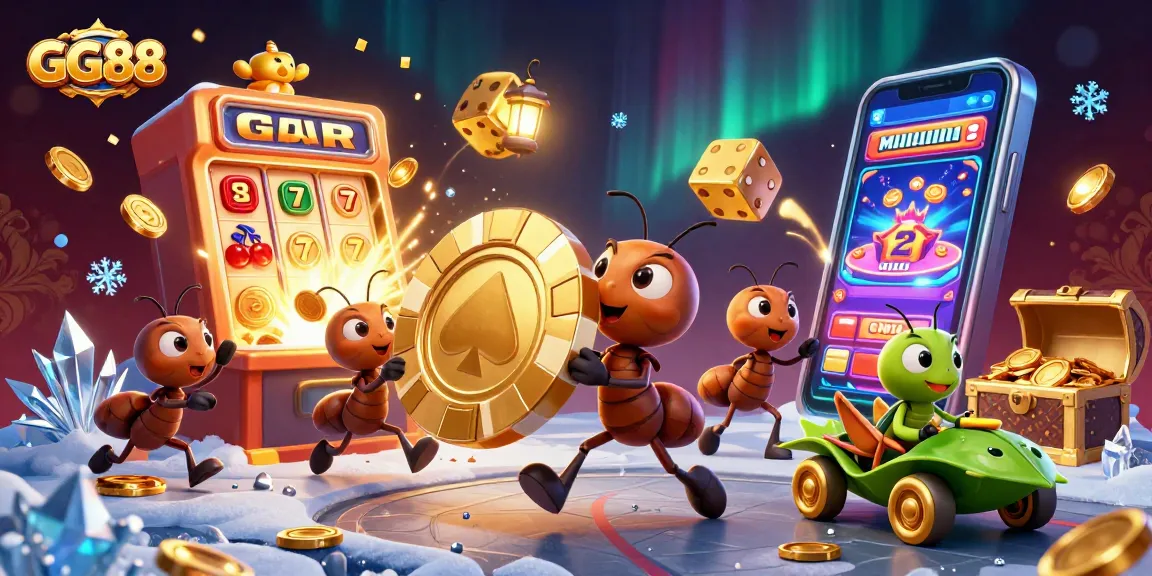 GG88 animated heist scene with a team of ants escaping with a giant poker chip amidst dynamic casino action.