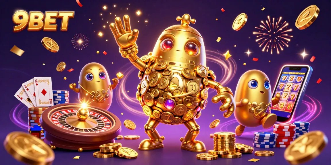 Feel the excitement of 9BET with a vibrant 3D casino scene depicting a golden golem and dynamic game elements.