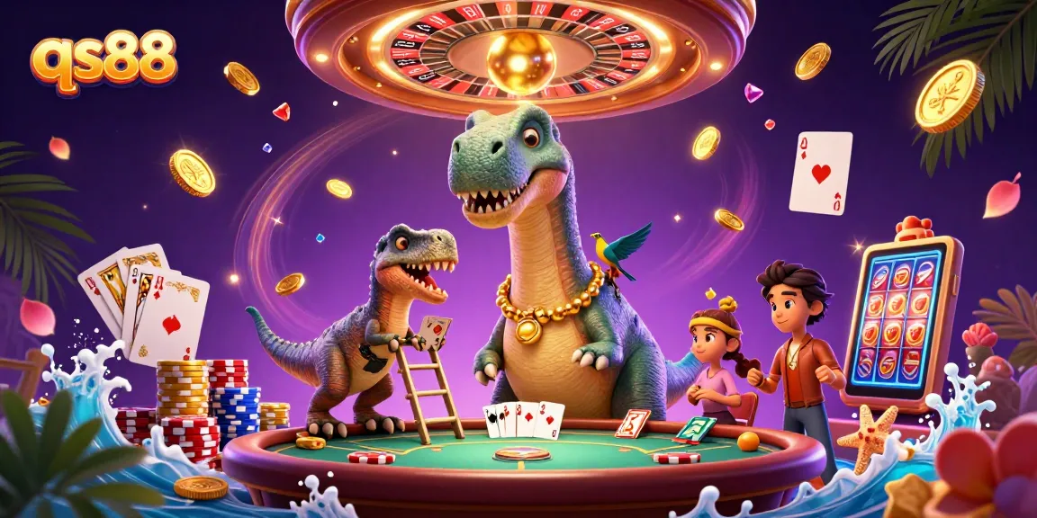 Experience the thrilling action of qs88 with a giant brontosaurus and clever raptor in a vibrant casino.