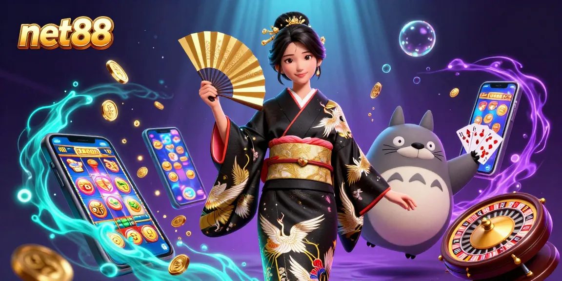 Experience the vibrant energy of net88 with a 3D illustration featuring casino games and traditional symbols.