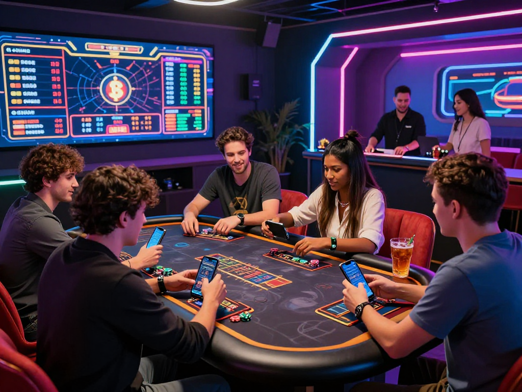 Exciting crypto casino gaming scene with friends enjoying digital table games and cryptocurrency trends.