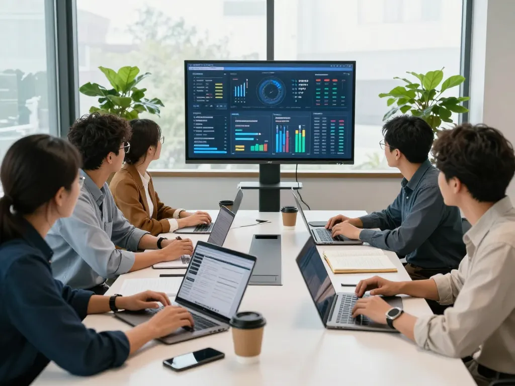 Dynamic workspace with tech gadgets for productivity, diverse team collaborating with laptops, digital notepads, and natural light.