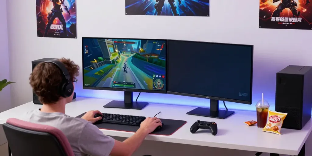 Engaging rokok88 link login gaming setup with dual monitors displaying vibrant graphics.