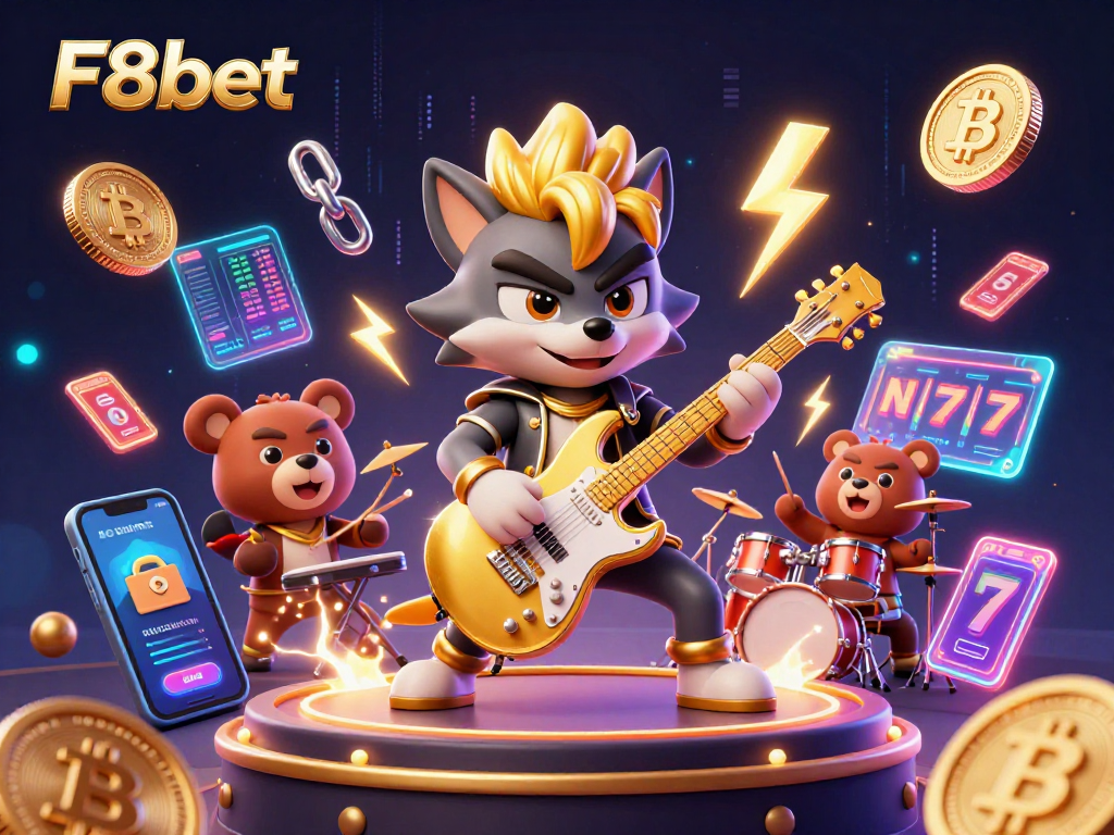 Experience F8bet with a lively 3D illustration featuring a rock star wolf and a drummer bear.