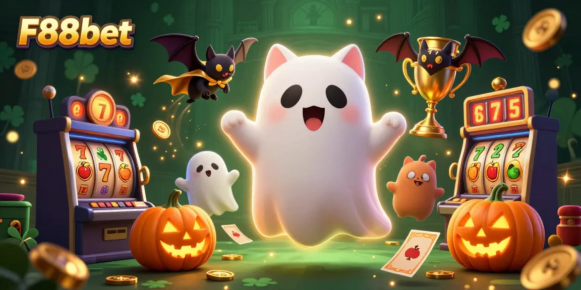 Experience the thrilling F88bet gaming action with a friendly ghost cat and vampire bat in a haunted casino scene.