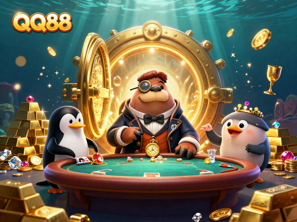 Experience thrilling gameplay at QQ88 with whimsical characters in a vibrant casino underwater scene.