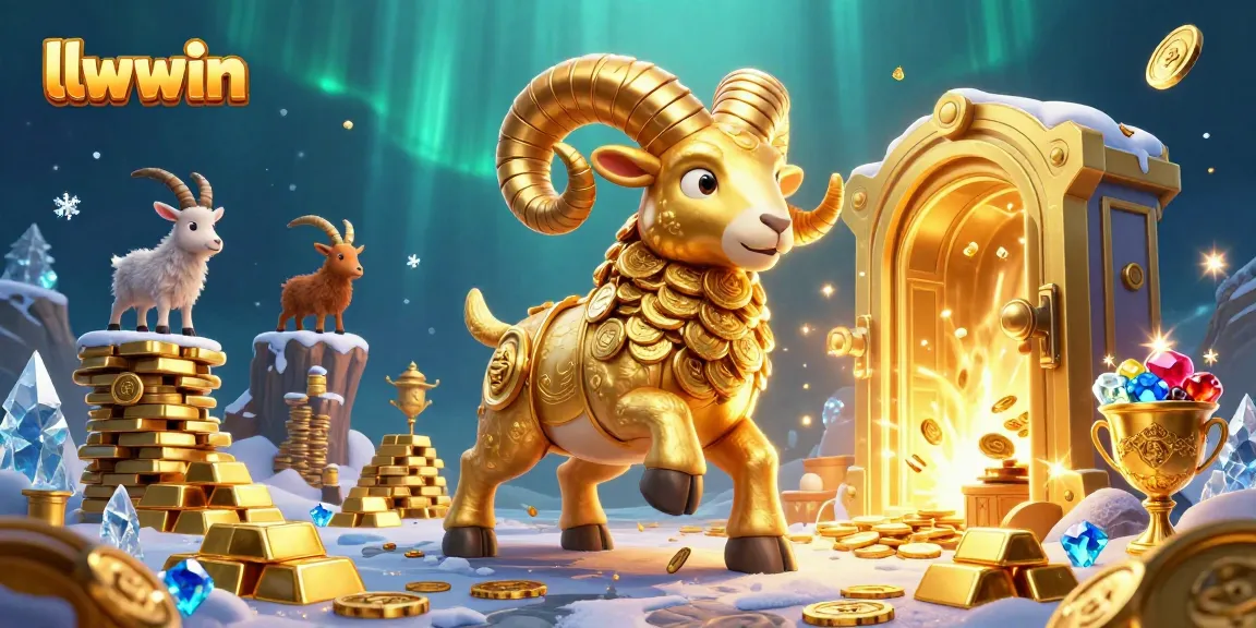 Experience llwwin's thrilling casino adventure with a charging golden ram amidst dazzling treasures.