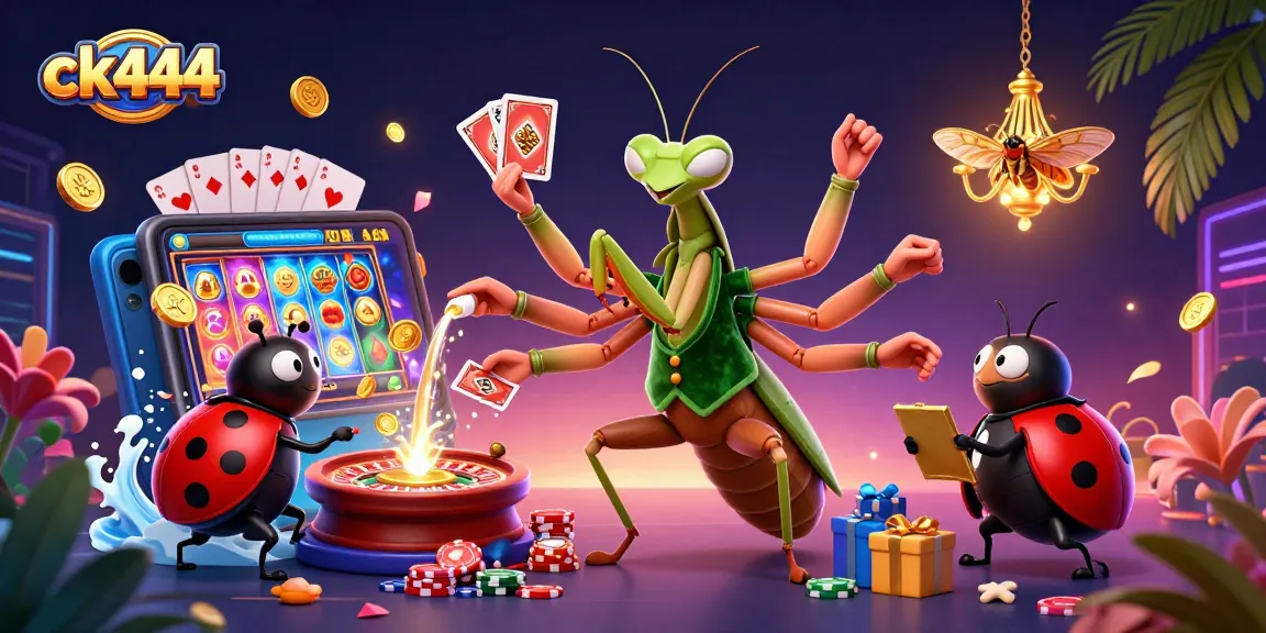 Ck444 casino illustration with a giant mantis card sharp, ladybug pit boss, and casino elements under neon lights.