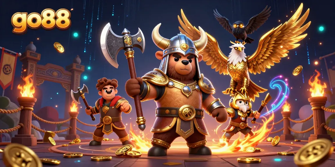 Experience thrilling gameplay at go88, showcasing Viking bear and Valkyrie in a dynamic casino scene.