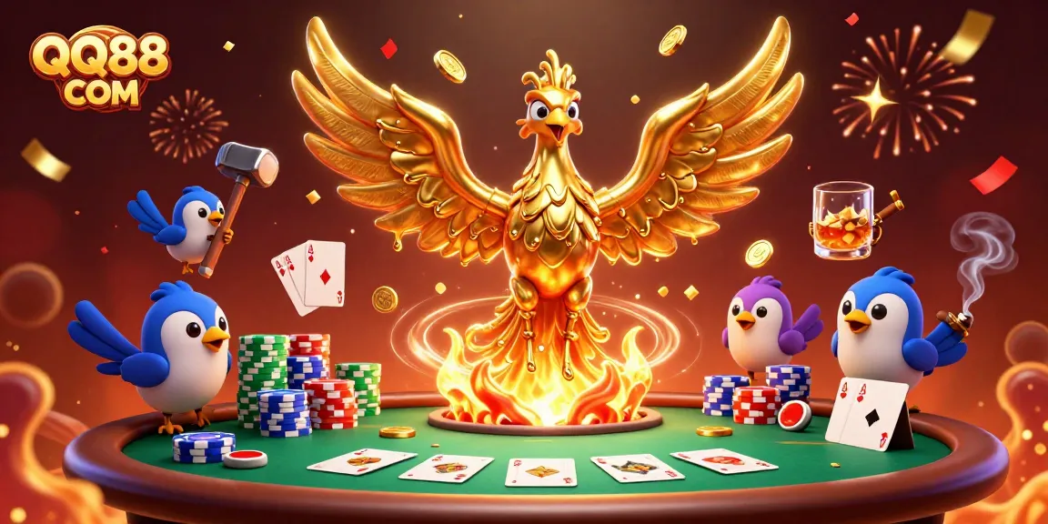 Experience thrilling gaming at QQ88 COM with a glowing golden phoenix and casino elements.
