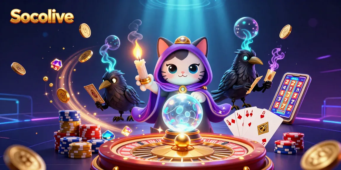 Socolive showcases a vibrant 3D illustration of a mystic cat fortune teller and dynamic gaming elements.