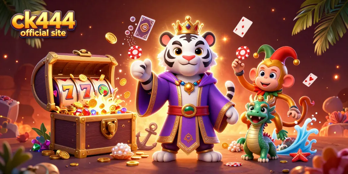 Ck444 official site showcases a vibrant 3D illustration with gambling elements, featuring a regal tiger and a jester monkey.