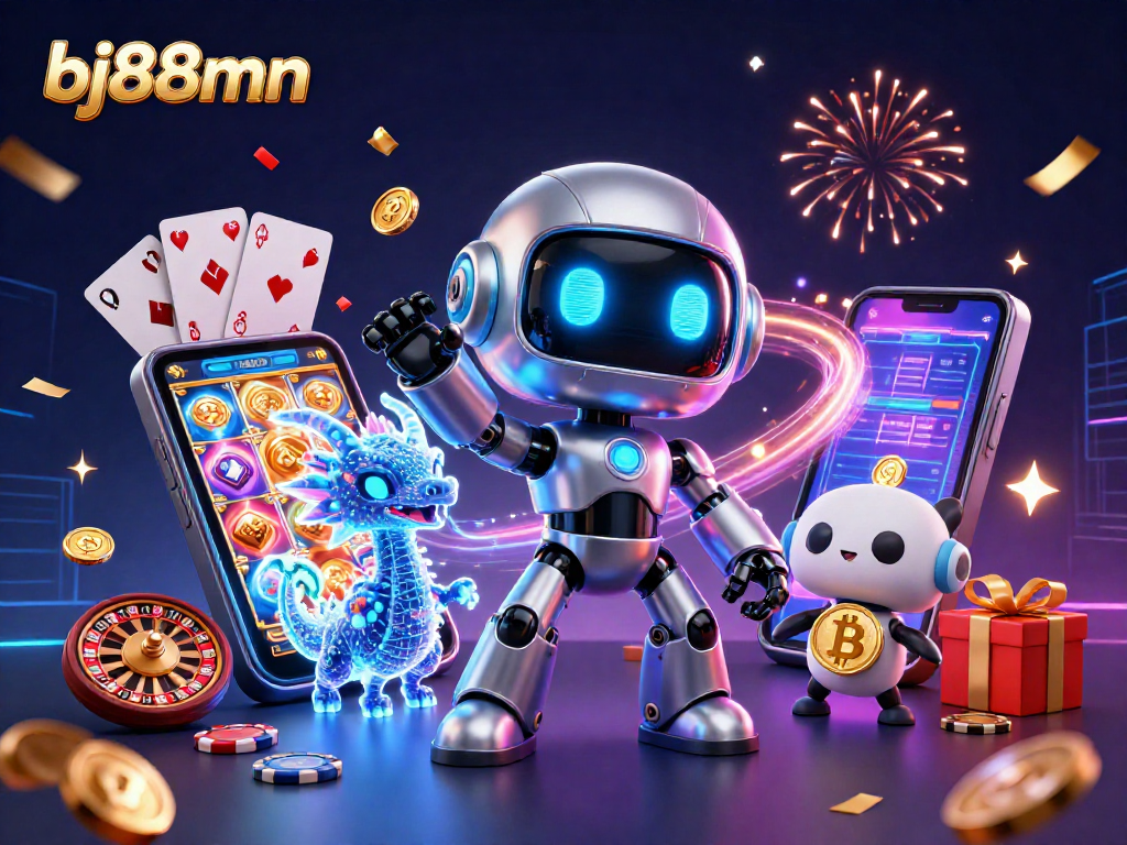 Engage in exciting gambling experiences at bj88mn, featuring a vibrant robot and digital elements.