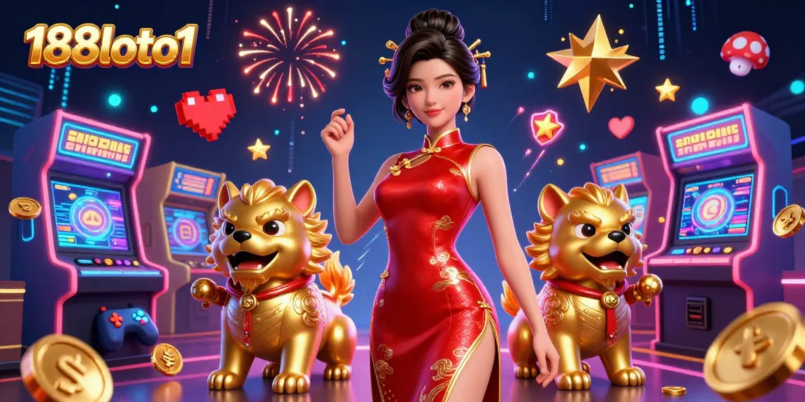 Engage in thrilling gameplay with 188loto1 featuring a glamorous woman amidst vibrant gaming elements and fireworks.