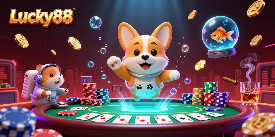 Engage with Lucky88's thrilling 3D casino scene featuring a floating astronaut corgi and vibrant poker elements.