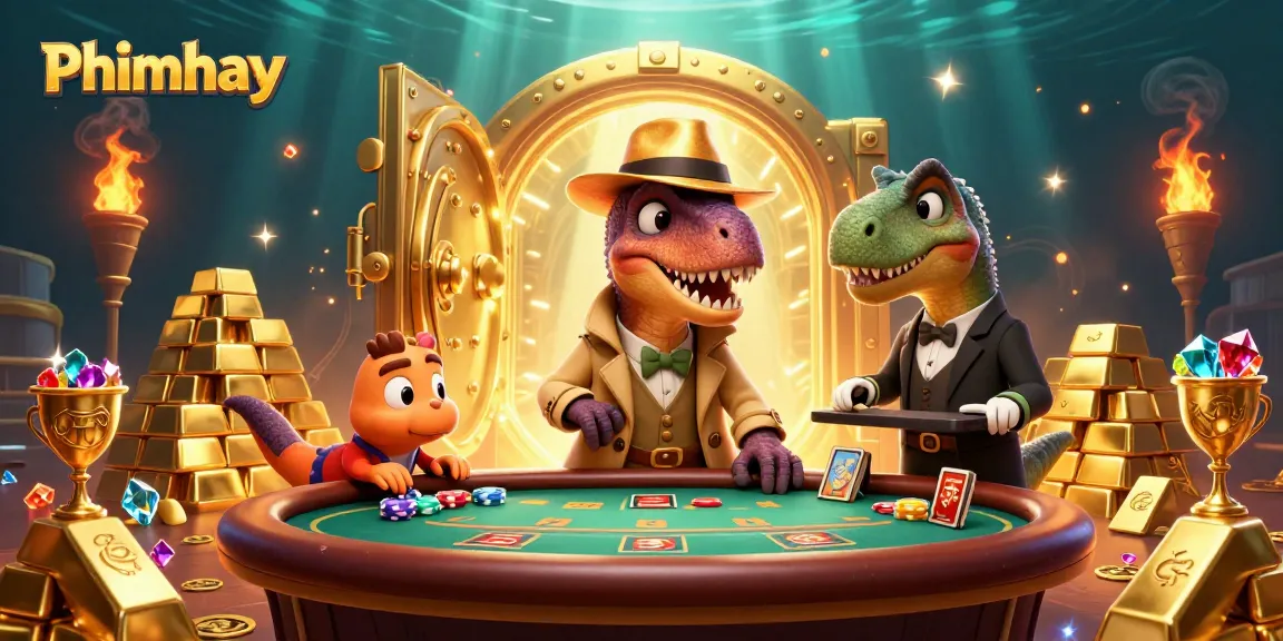 Experience thrilling Phimhay casino action with animated dino characters around blackjack tables.