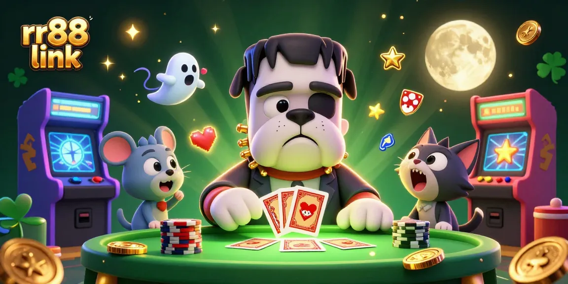 Play games at RR88 link with a spooky casino illustration featuring iconic characters and vibrant visuals.