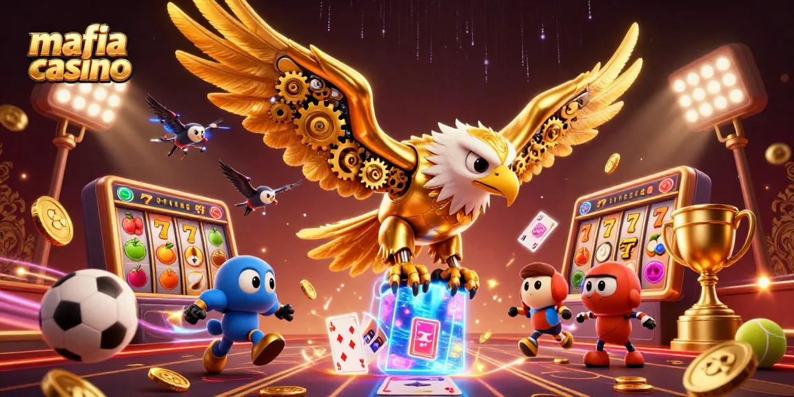 Experience the thrill of mafia casino with a cybernetic eagle soaring through holographic games and gold.