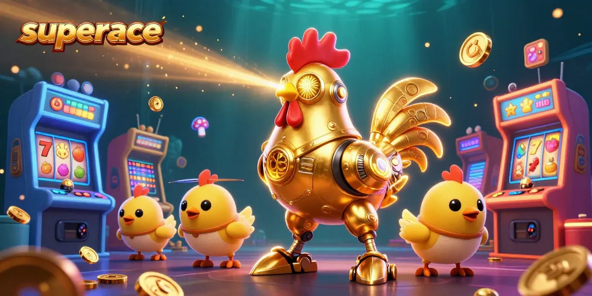 Join the action at superace with a 3D golden rooster robot gambling in a colorful casino setting.