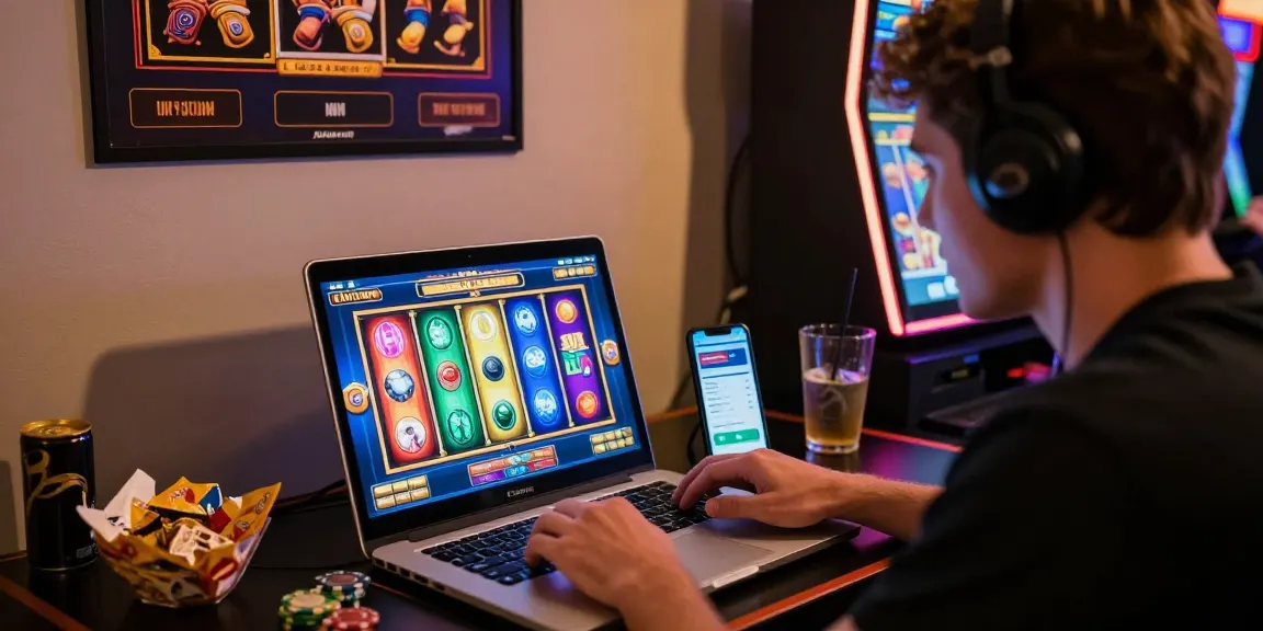 Player engaged in rokok88 slot login on laptop surrounded by gaming elements in cozy setup