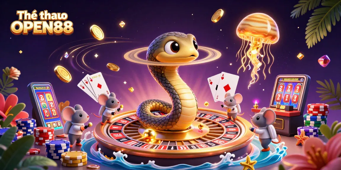 Place your bets with Thể thao OPEN88 in a vibrant cosmic casino world featuring characters and game elements.
