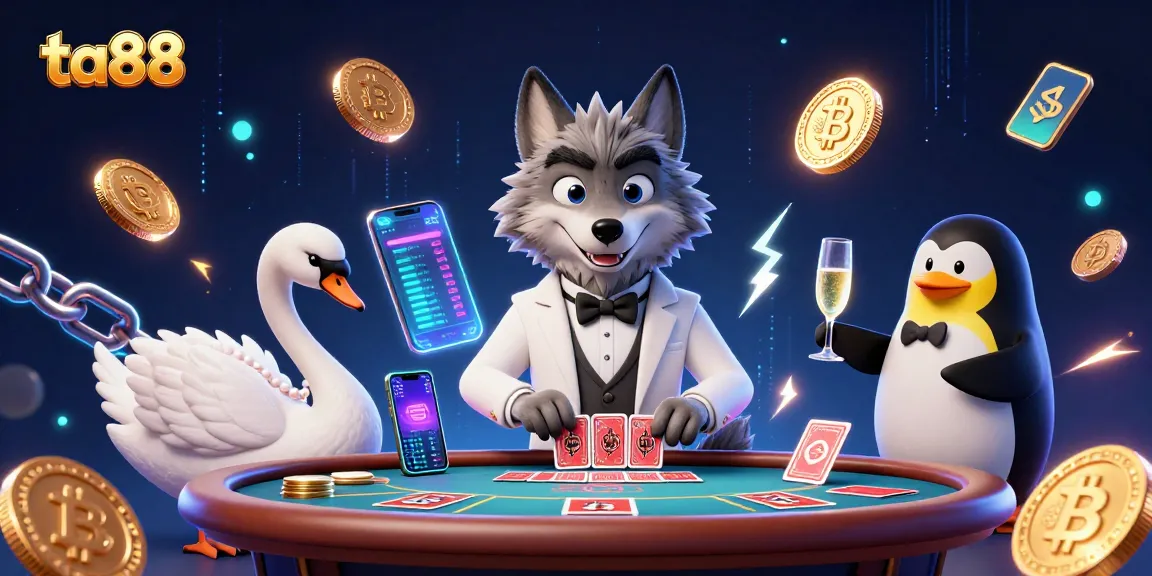 Engage in thrilling baccarat at ta88 with a charming wolf, elegant swan, and penguin sommelier.
