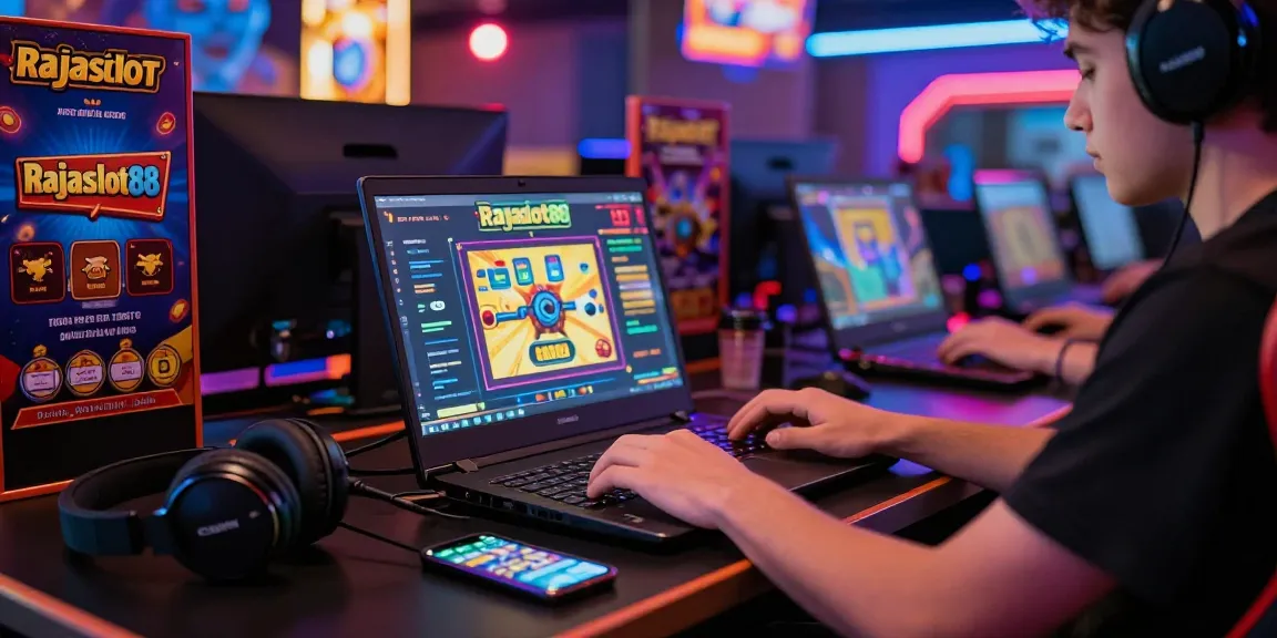 Penggemar raja88 20 bermain slot online dengan antusias, dikelilingi dekorasi kasino yang cerah dan peralatan gaming modern.