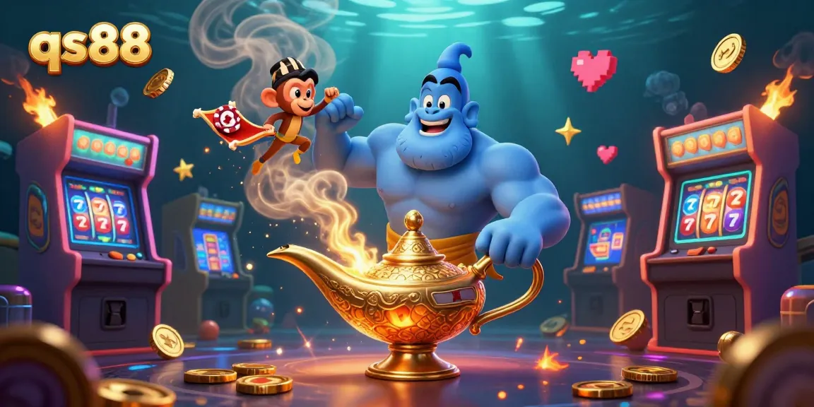 Engage in exciting gaming on qs88 with a magical scene featuring a genie and casino elements.