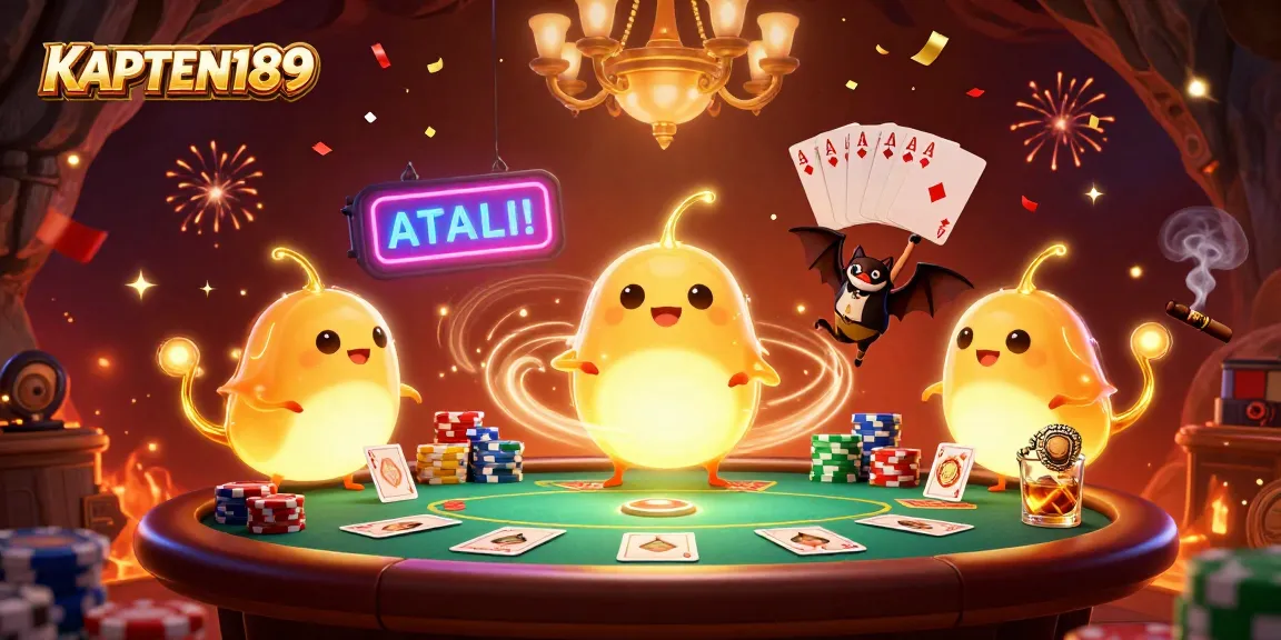 KAPTEN189 menampilkan ilustrasi kasino ceria dengan cahaya kuning dari cacing dan dealer kelelawar.