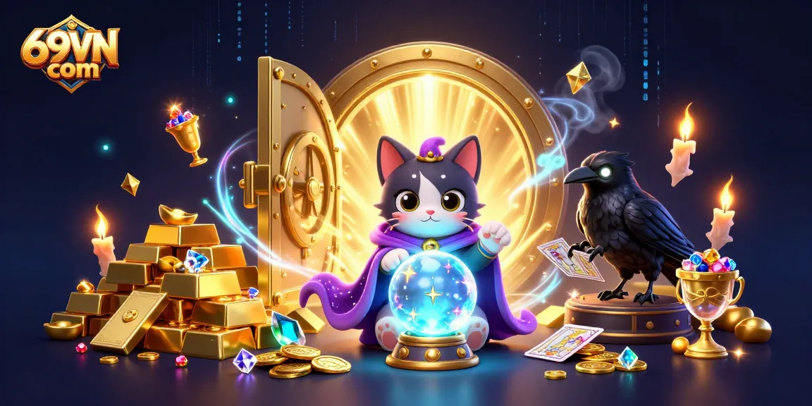 Experience winning fortune with the 69VN com mystical casino scene filled with treasures.