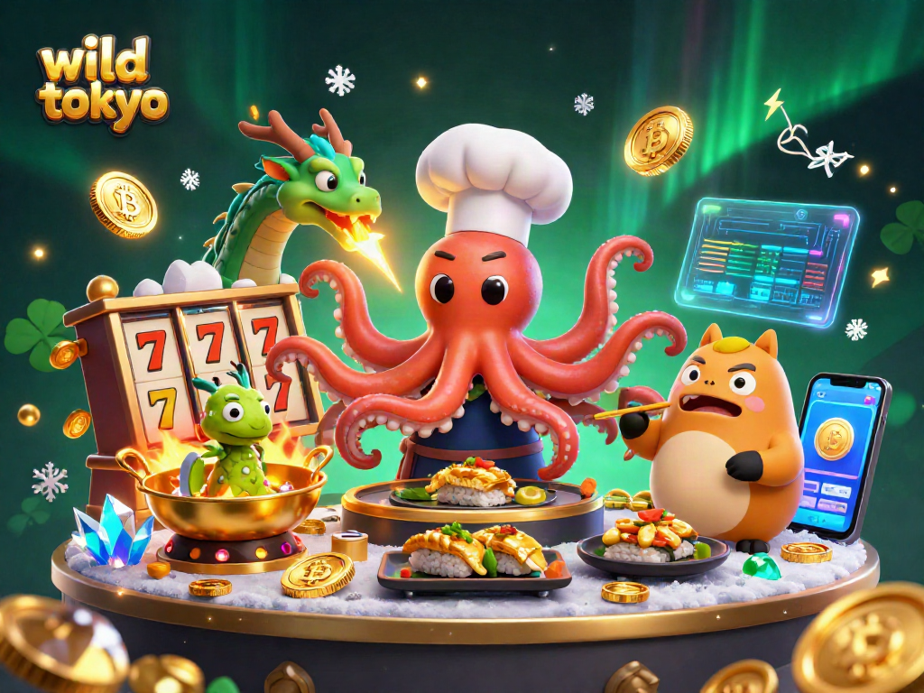 Engage with wild tokyo's vibrant casino scene featuring a sushi chef octopus and a tanuki, enriched with interactive gaming elements.