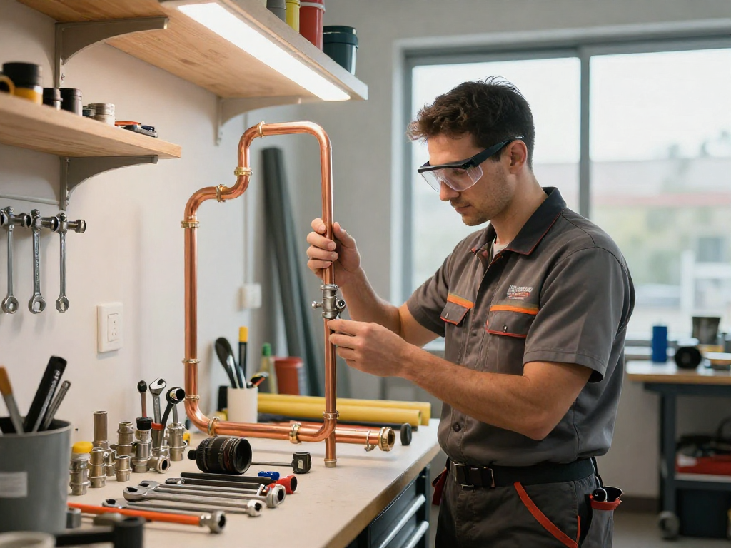 Chiusura di un chiave idraulico professionale durante l'installazione in un'officina attrezzata con strumenti di tubatura.