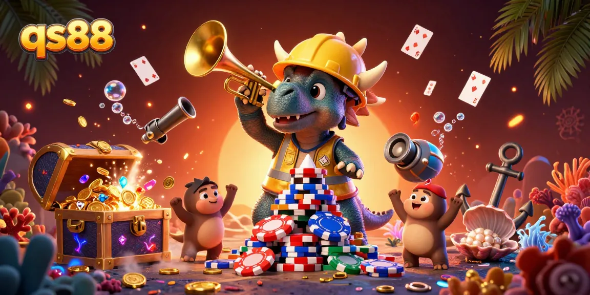 Experience exciting gameplay at qs88 with a playful triceratops and vivid casino elements celebrating wins.