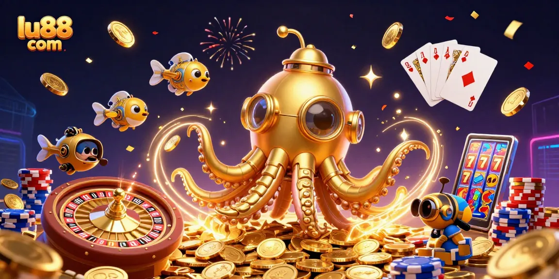 Play and win with exciting visuals of lu88 com, featuring a golden kraken submarine amidst casino elements.