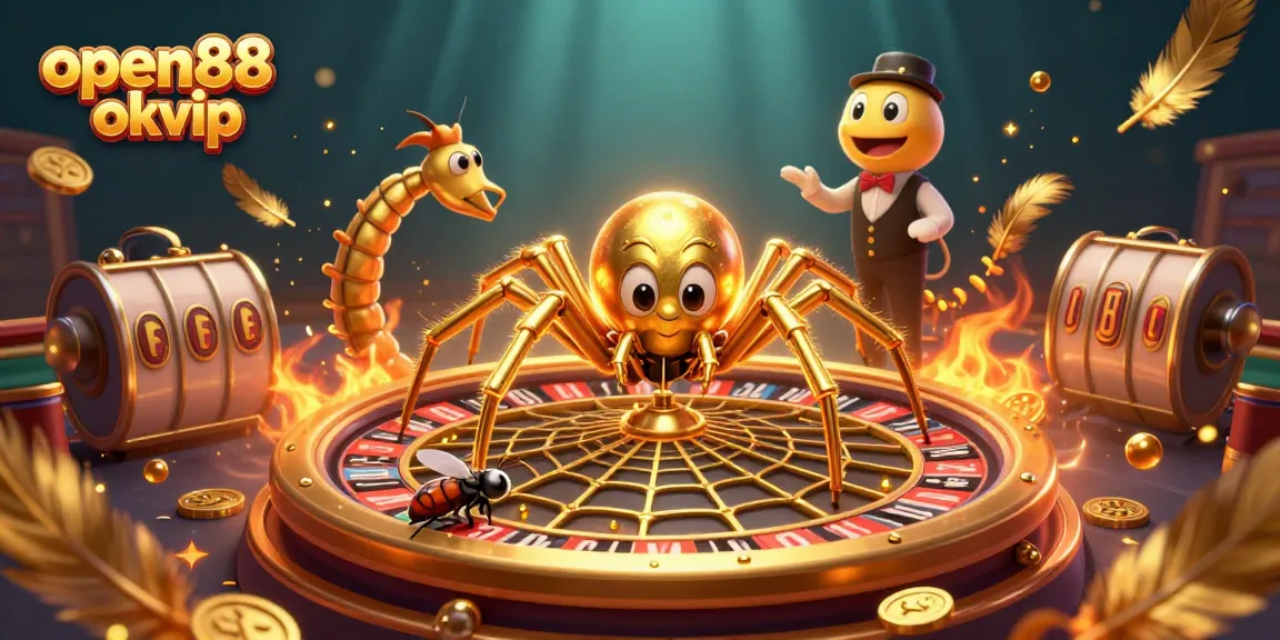 Experience thrilling bets at open88 okvip with a dynamic 3D illustration of spider and centipede characters.