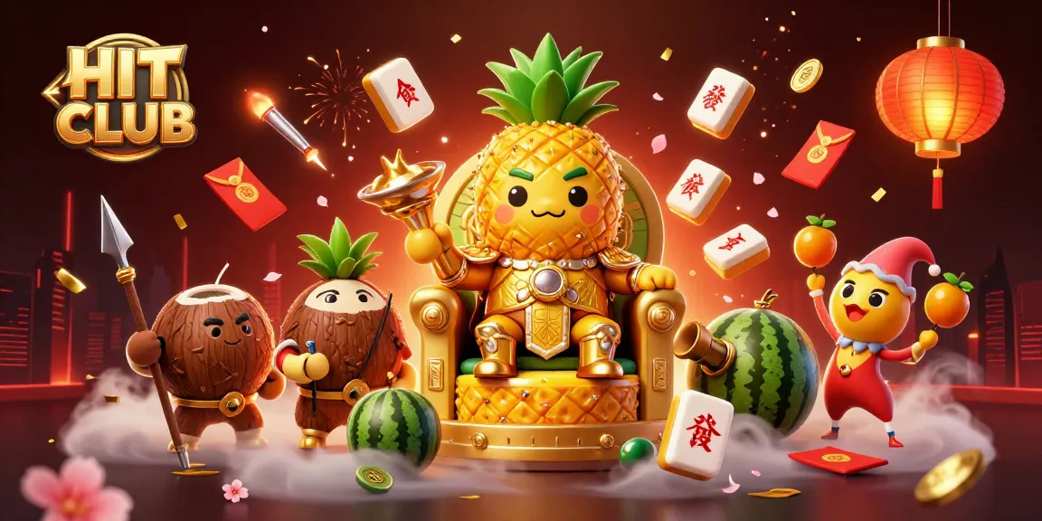 HIT CLUB lively casino scene featuring a golden pineapple king and vibrant game elements.