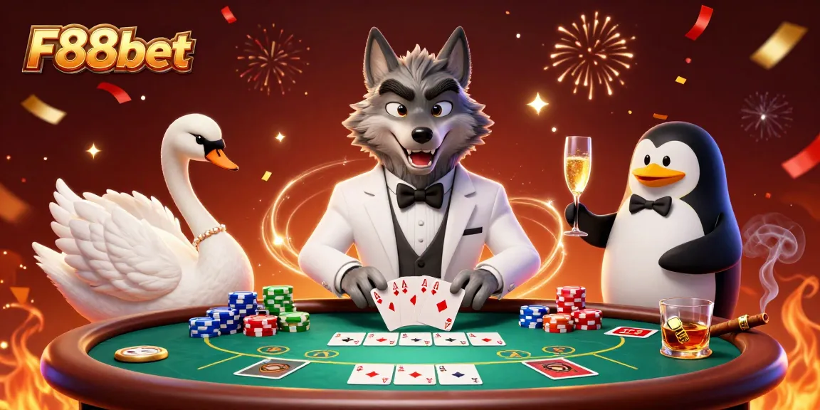 Experience the excitement of gambling with F88bet featuring a lively casino scene of a wolf, swan, and penguin.