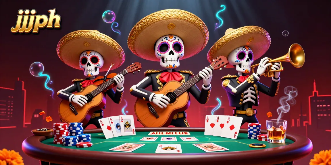 jjjph: Engaging skeleton mariachi band at a vibrant poker table delivers an energetic casino atmosphere.
