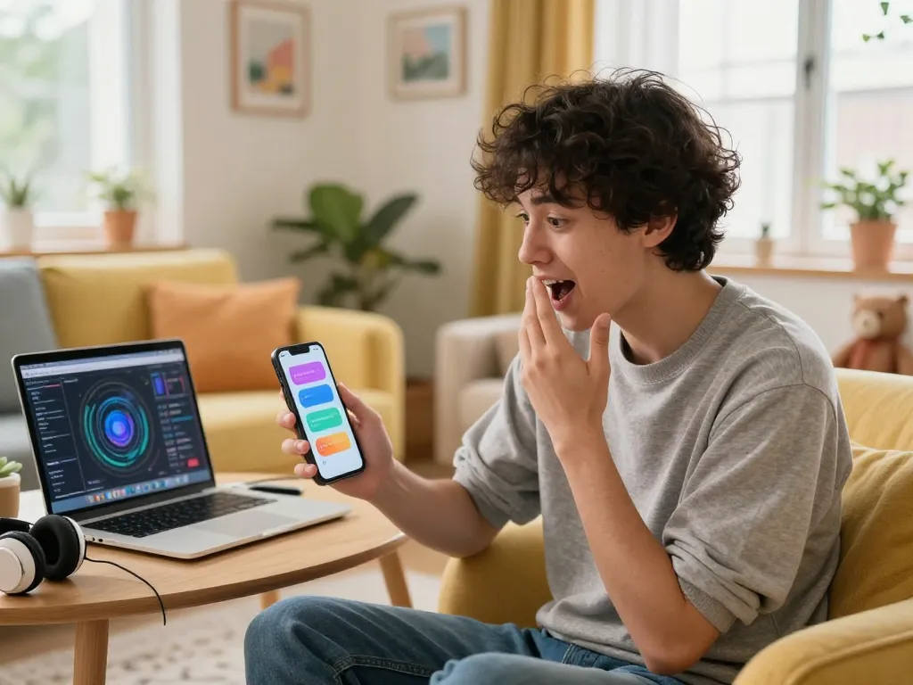 Engaging conversation about sex AI chat on smartphone in cozy living room